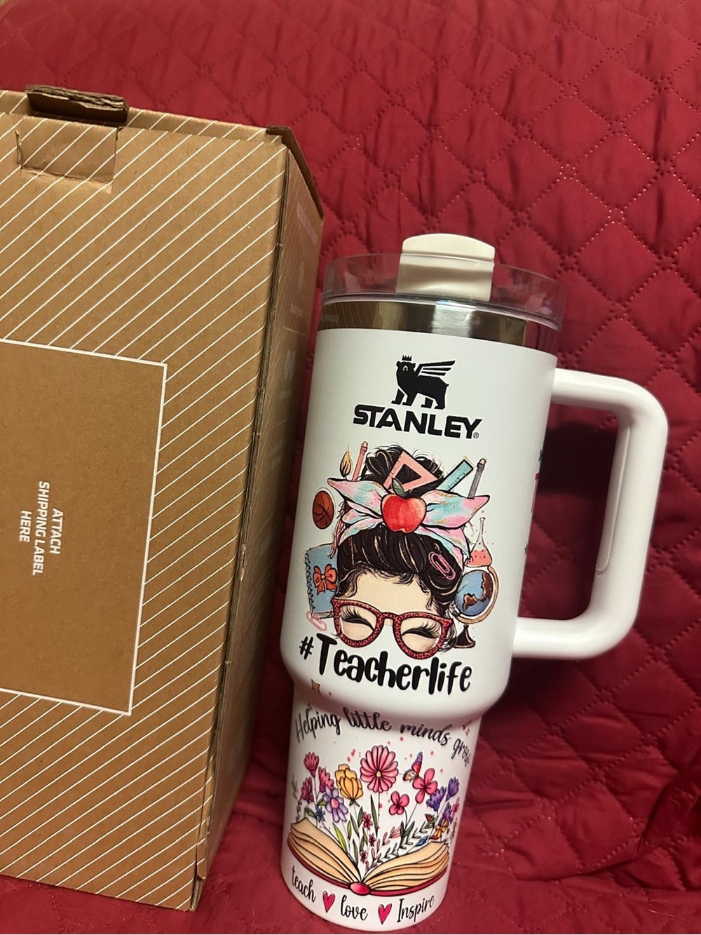 Stanley White Travel Mug with Colorful Teacher Floral Artwork